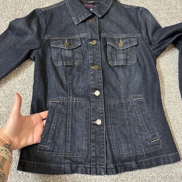 Tommy Hilfiger Jacket Womens Small Blue Denim Button Front Utility Pockets - Picture 3 of 16